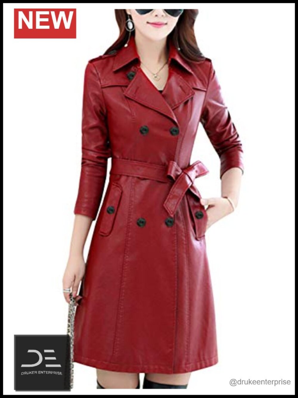 Double Breasted Faux Leather Mid Long Trench Coat with Belt